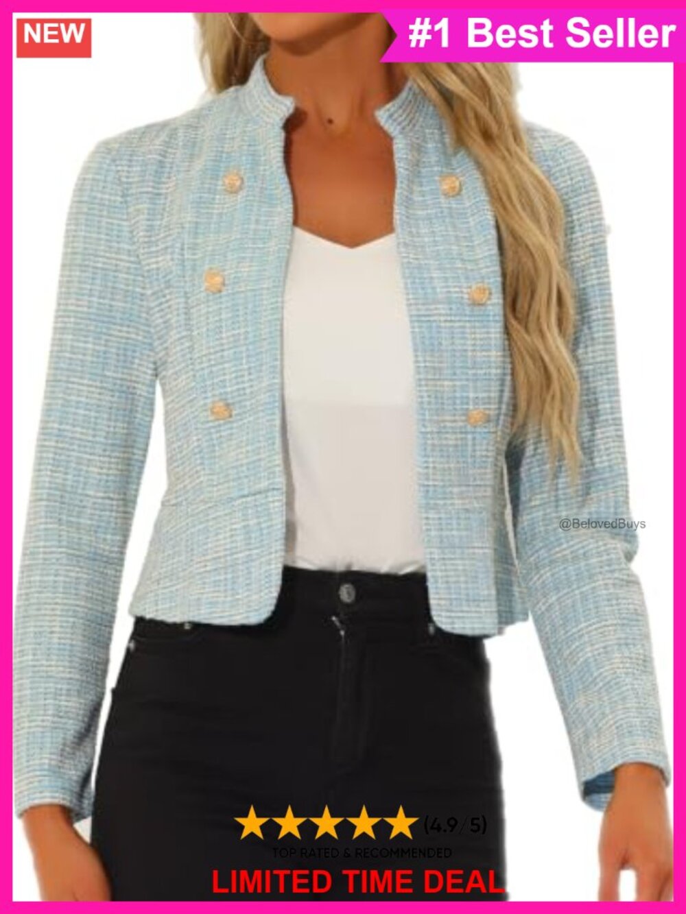 Vintage Tweed Cropped Blazer Stand Collar Business Casual Jacket